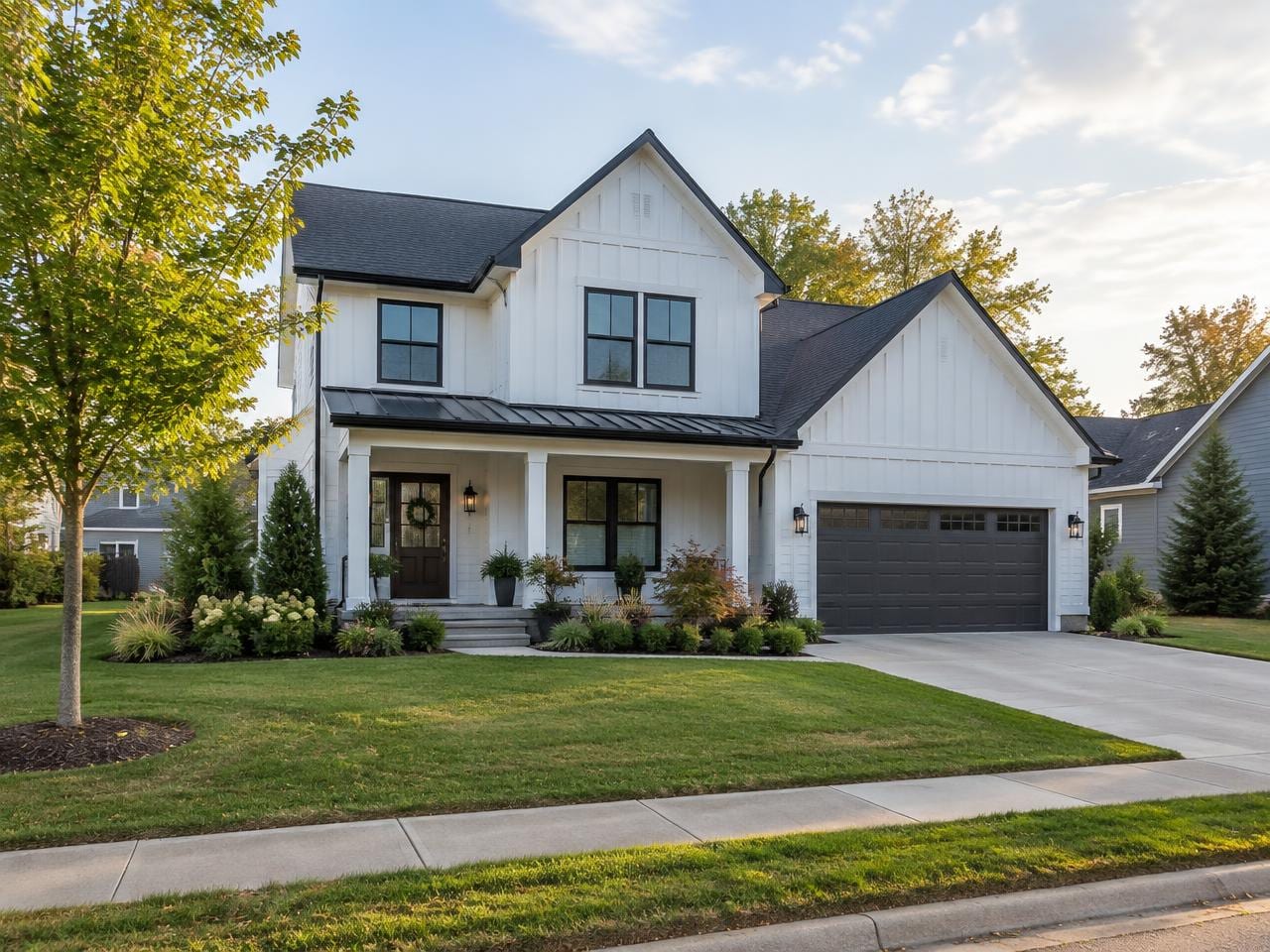 The same farmhouse after exterior enhancement, with the porch, siding, and trees unchanged. Digitally enhanced.