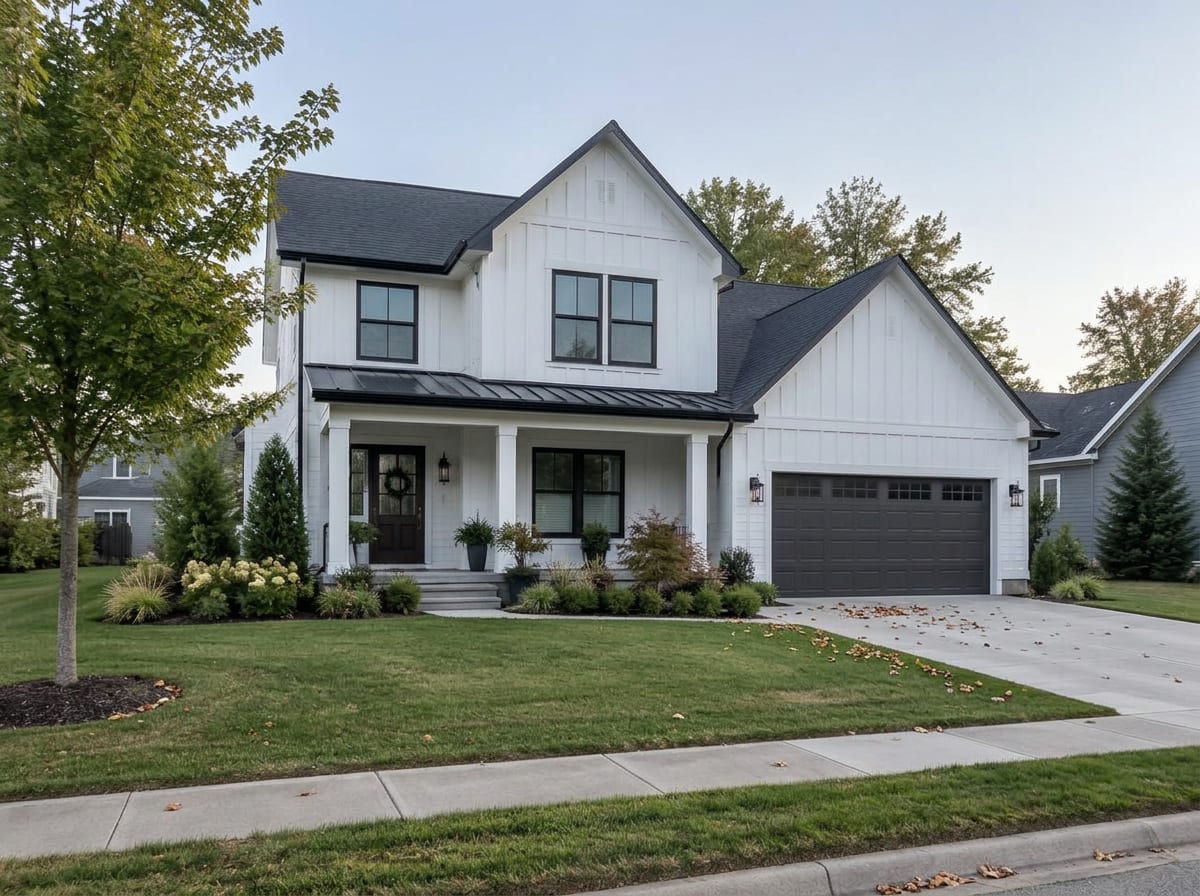 Two-story white farmhouse with a covered porch, lawn, and mature trees, before exterior enhancement