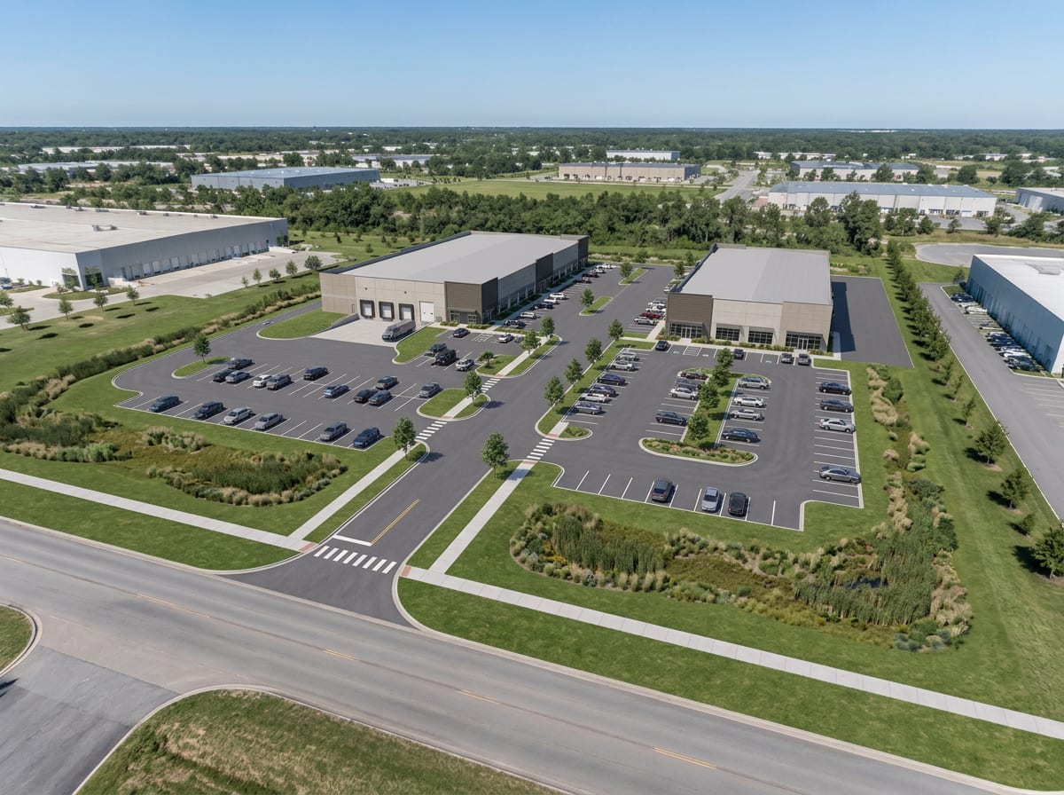 The same land parcel with a commercial concept added, for illustration. Digitally enhanced.