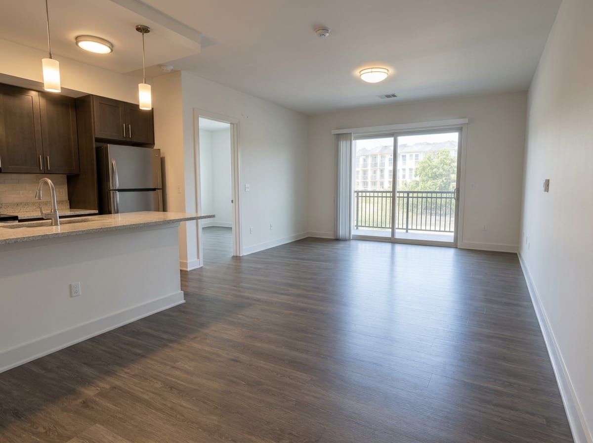 The same multifamily living room after vacancy cleanup, with belongings removed. Digitally enhanced.
