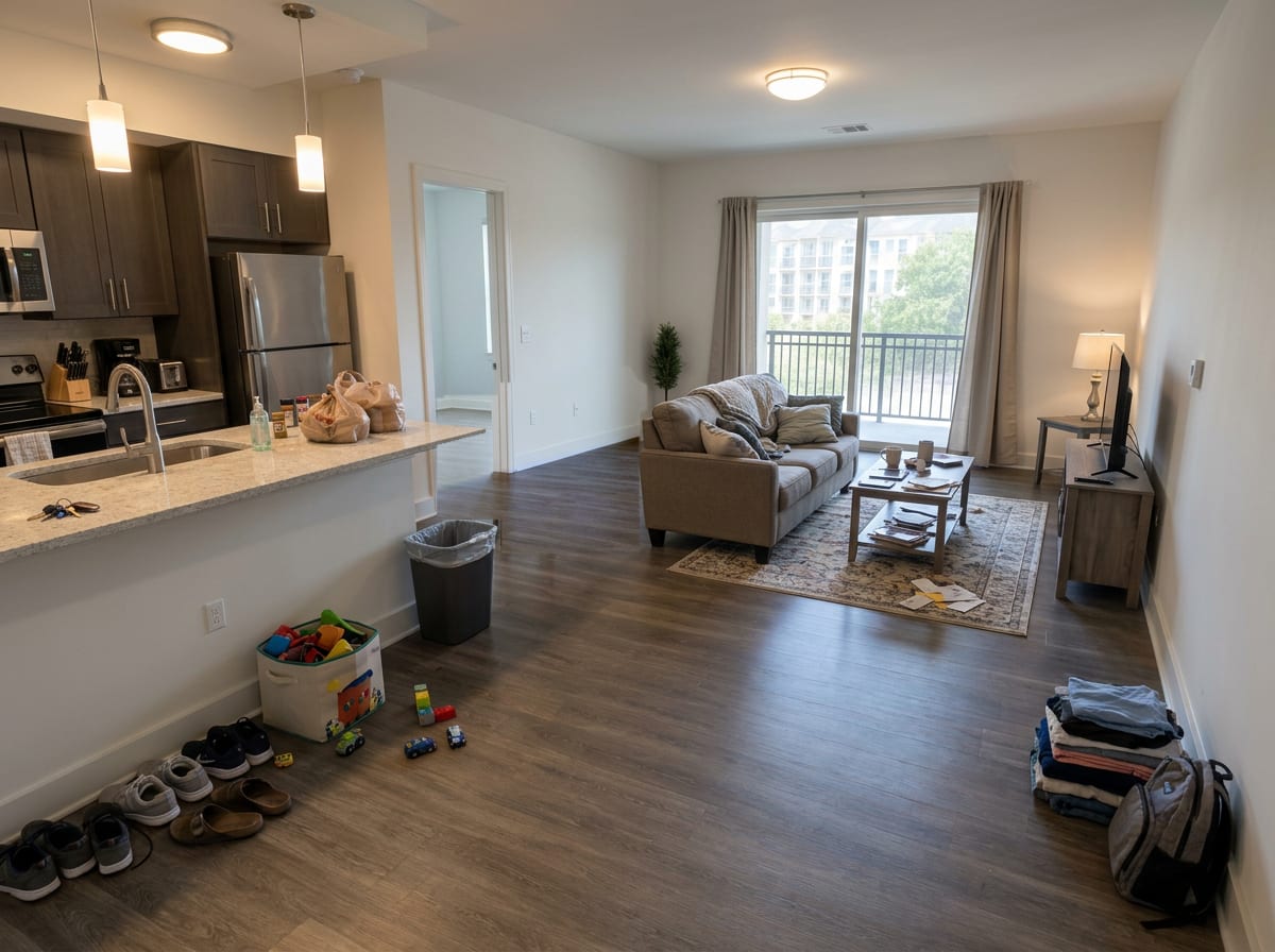 Lived-in multifamily living room before vacancy cleanup, with furniture and personal belongings