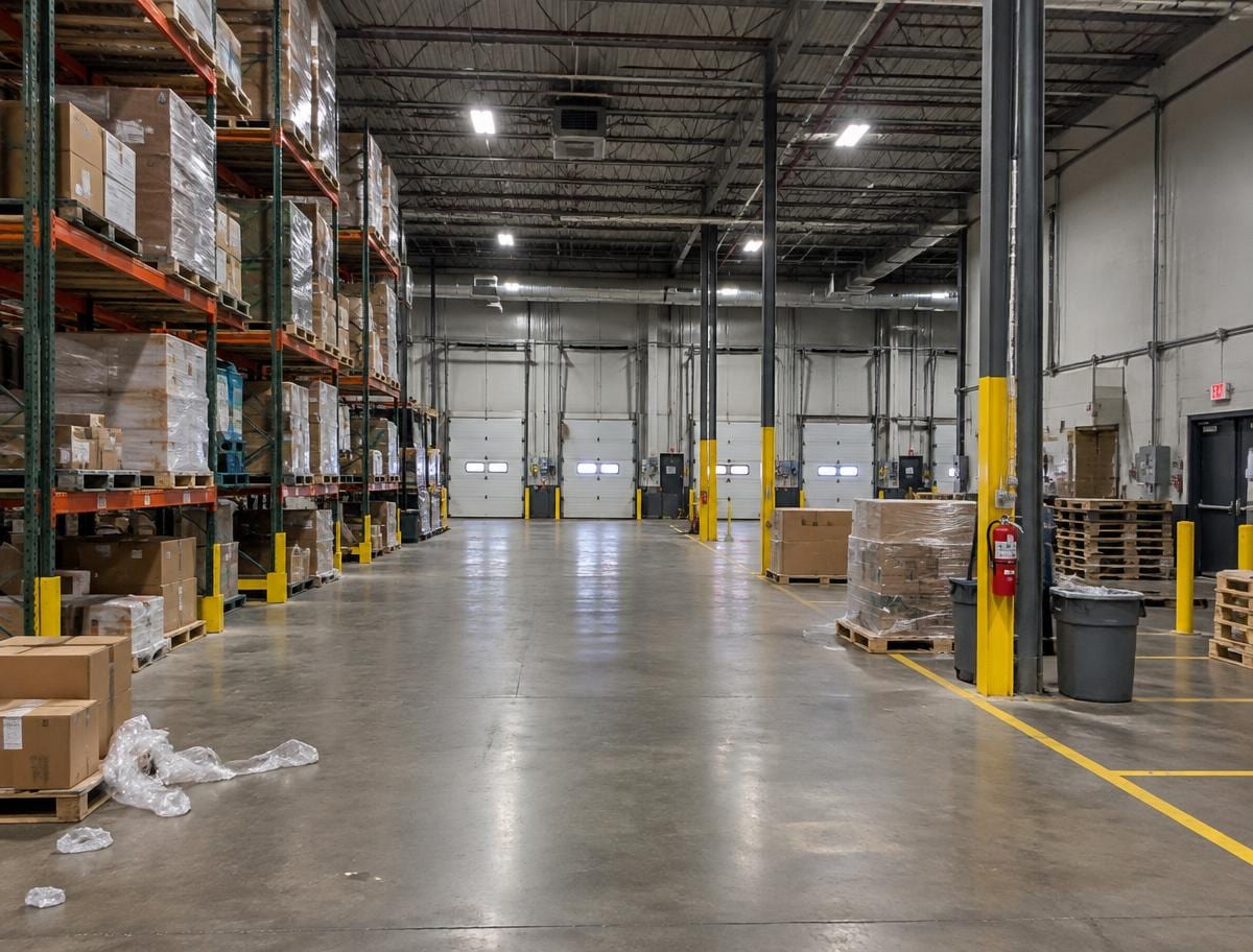 Warehouse interior before movable-item cleanup, with stored goods in the bay